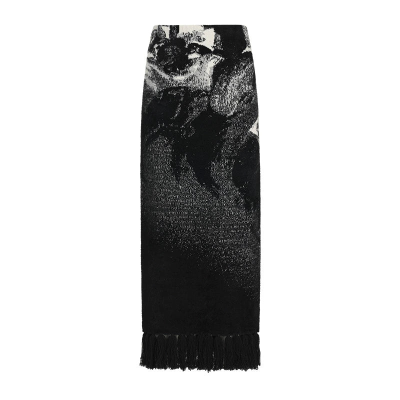 ZHUCHONGYUN winter fringed wool jacquard knit long skirt--MINATO.