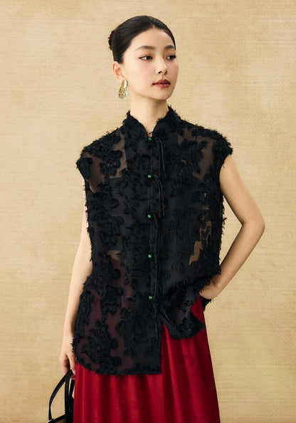 HECO Chinese Style Stand-up Collar Cut Flower Sleeveless Shirt - HELD .