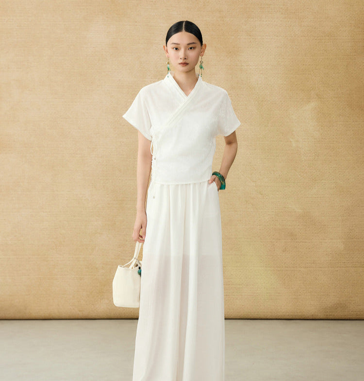 HECO Chinese style summer new slanted V-neck pinch pleated shirt - ASSURE .