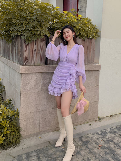 D0LLY Luxury French Style V-Neck Long Puff Sleeve Chiffon Pleated Ruffle Dress-VERA