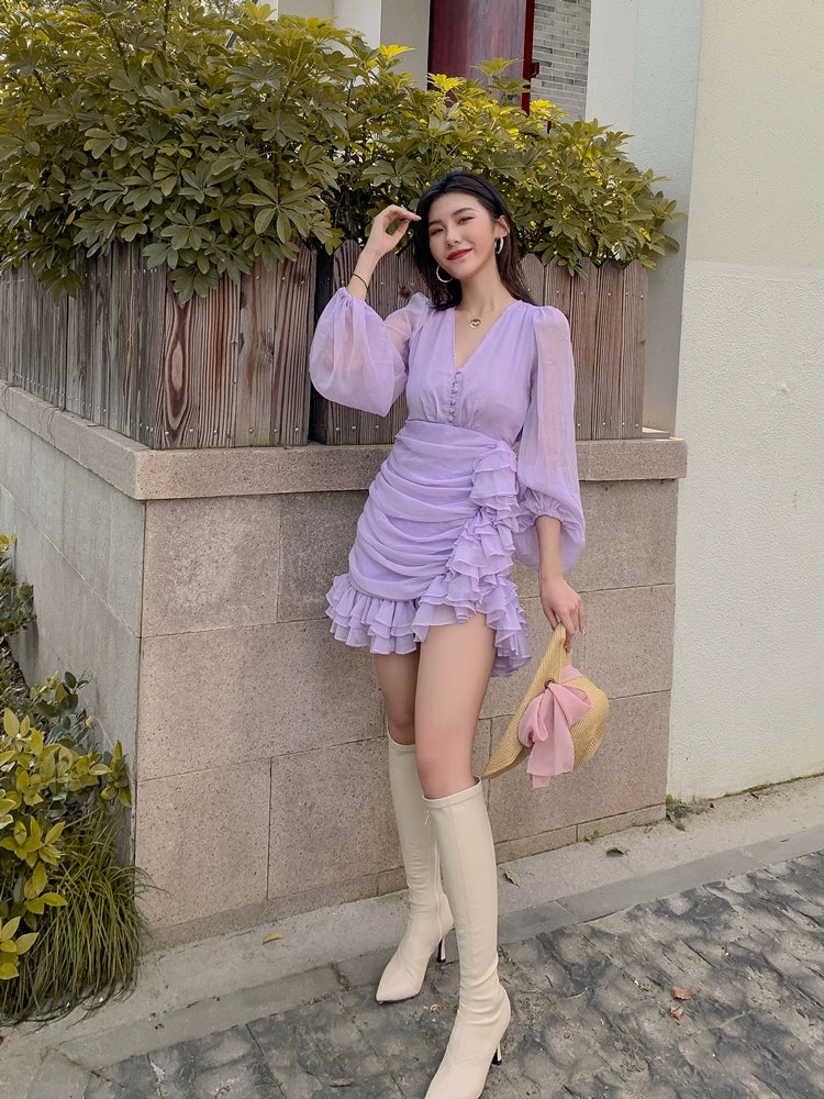 D0LLY Luxury French Style V-Neck Long Puff Sleeve Chiffon Pleated Ruffle Dress-VERA