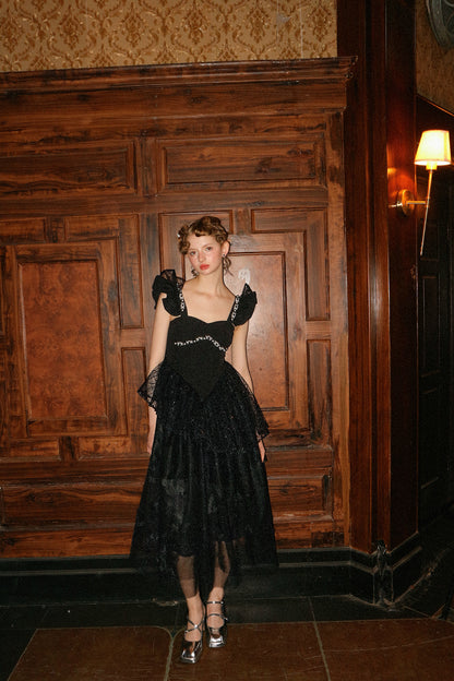 UNOSA black suspender pearl string mesh cocktail black dress = Adrila