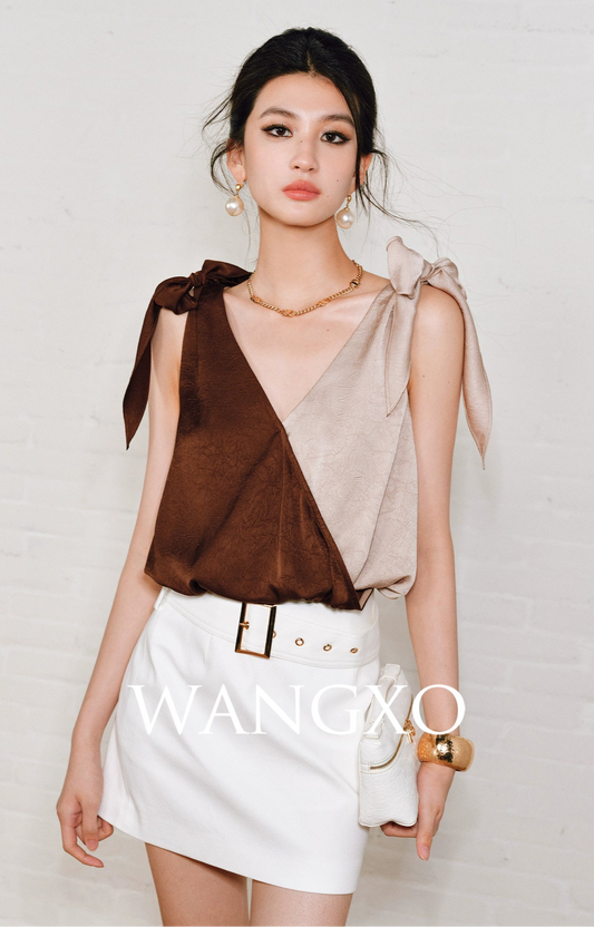 WANGXO | Satin Crossover V-Neck Dual-Wear Top -VIOLETTA.