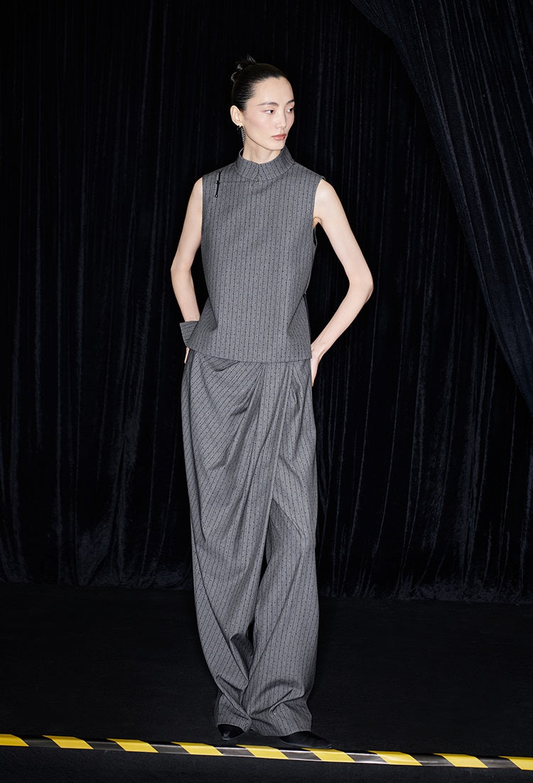 M essential Mackay designer label sand diamond grey stripe diamond buckle drawstring vest - ZING.