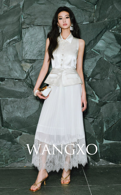WANGXO | Faux Two-Piece Vest Suit & Romantic Pleated Gauze Skirt -THIA.