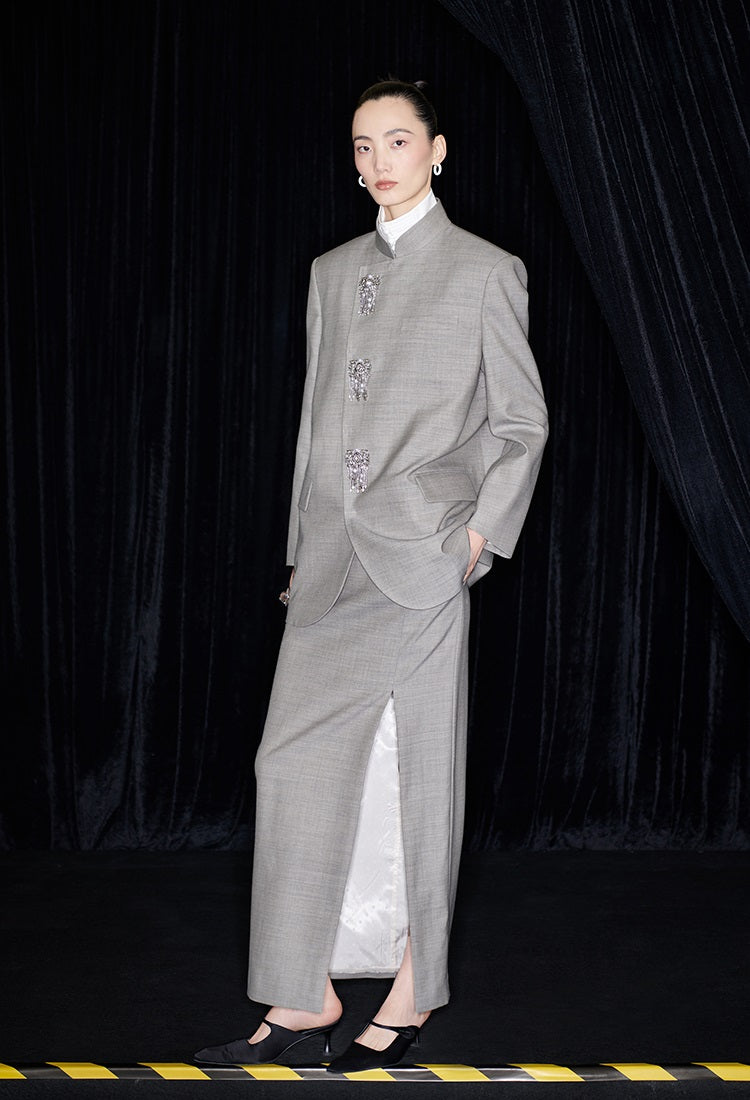 M essential Mackay designer raw linen skinny wool crystal lamp tassel bead suit - CHEN.