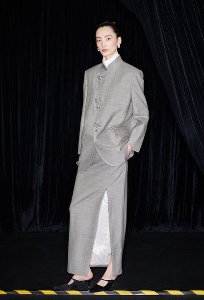 M essential Mackay designer raw linen skinny wool crystal lamp tassel bead suit - CHEN.