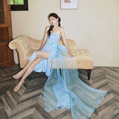 DOLLY Elegant Blue Flower Ribbon Tube Sequin Fish Tail Dinner Dress-LONE