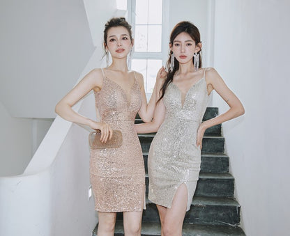 DOLLY Elegant Deep V-Neck Sleeveless Sequin Long Slim Fit Evening Dress-IVONNE