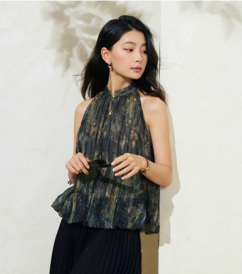 SUSHE Light Chinese smudge halter neck off-the-shoulder chiffon top -TESS