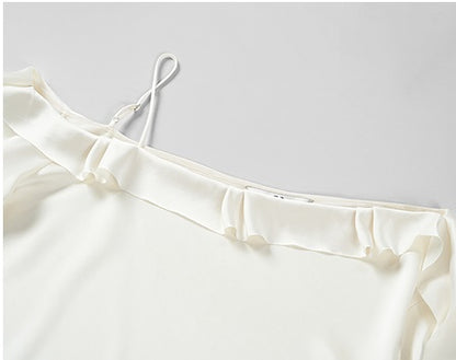 COMME MOI Lv Yan designer summer slanted lace top off-the-shoulder light shirt pants - ROMEO.