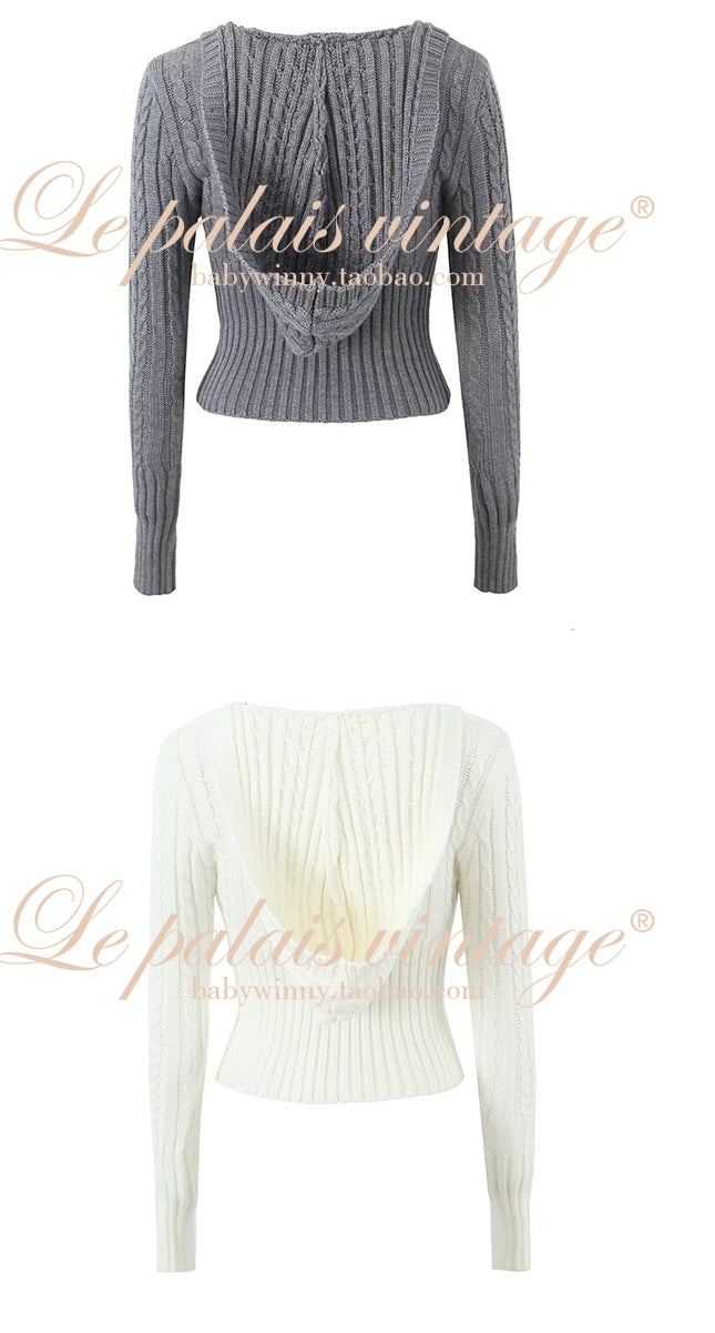 Le Palais Vintage White Twist V Tie Hood Slim Fit Sweater-KEN.