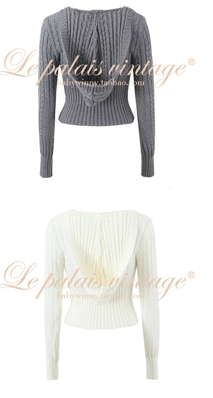 Le Palais Vintage White Twist V Tie Hood Slim Fit Sweater-KEN.