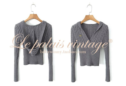 Le Palais Vintage White Twist V Tie Hood Slim Fit Sweater-KEN.