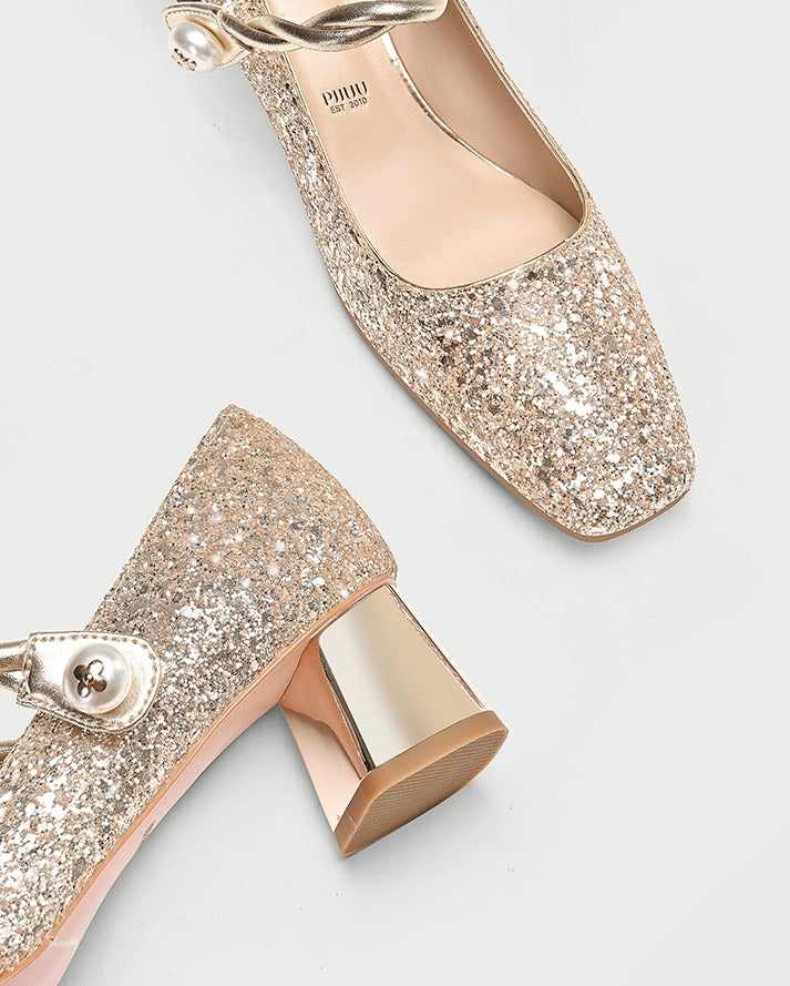 Pjjuu line belt square heel MaryJane gold wedding bridal Shoes  - MARA