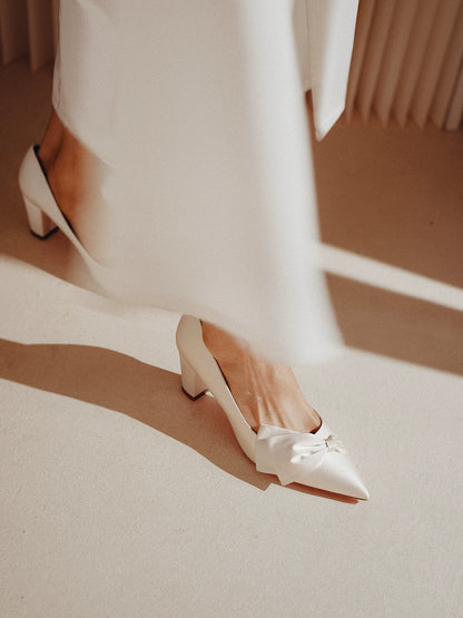 PJJUU white thick satin high heels - SQUEN.