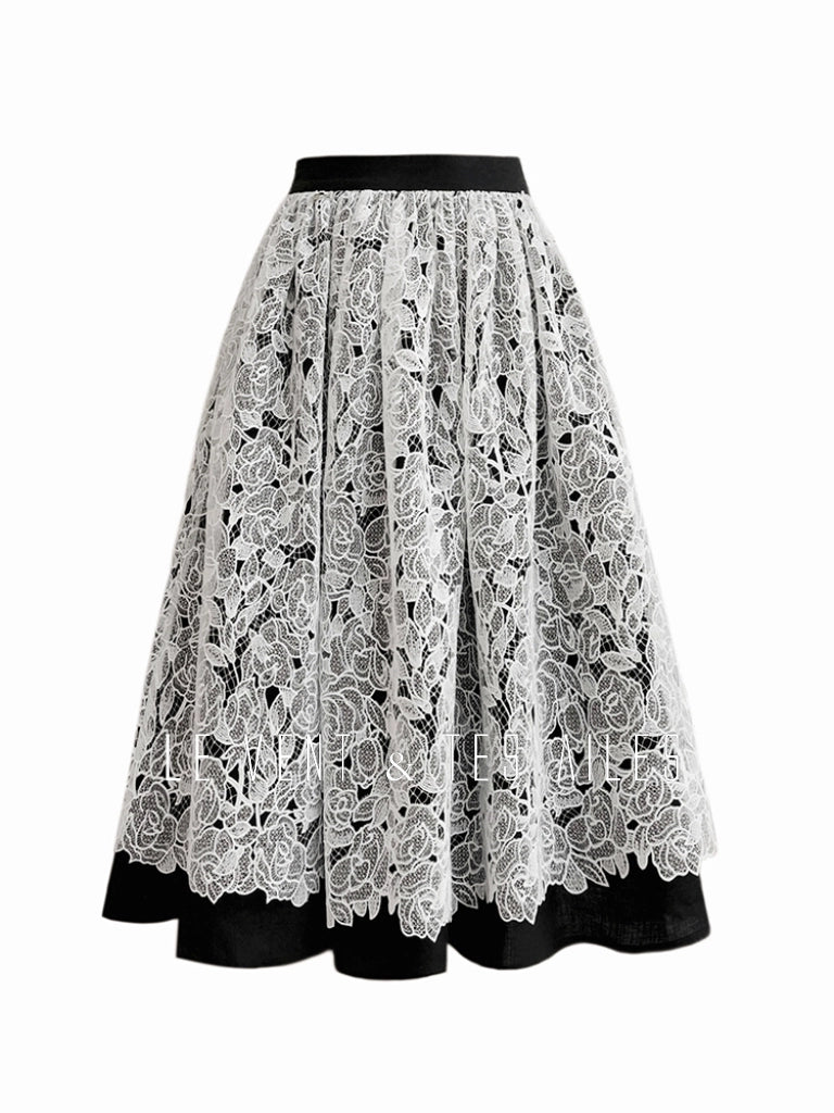 LE VENT&TES AILES French embroidery lace elegant A-line fill skirt-ESME