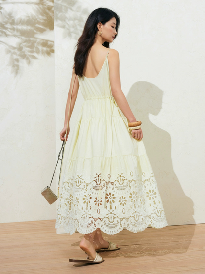 Sushe French Resort Quilted cotton embroidered lace loose A-line long slip dress-LUCY