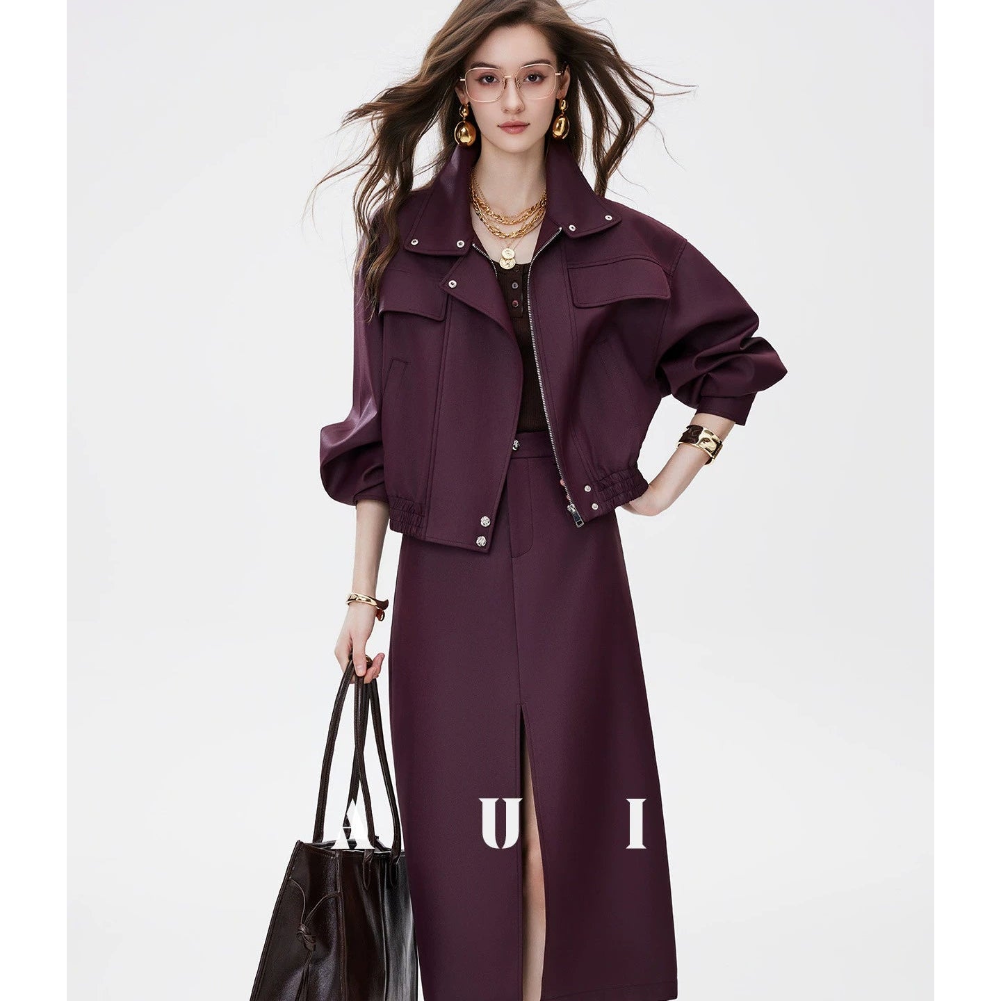 AUI Quiet Luxury Style Stand Collar Jacket Slit A-Line Skirt Two-Piece Set -  Eun Ae!