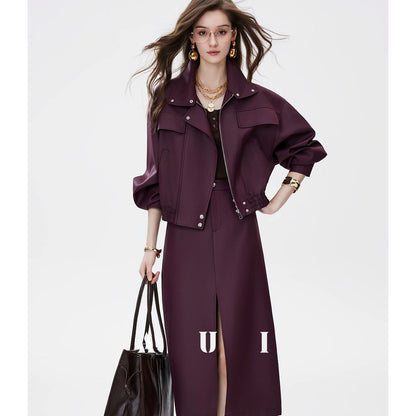 AUI Quiet Luxury Style Stand Collar Jacket Slit A-Line Skirt Two-Piece Set -  Eun Ae!