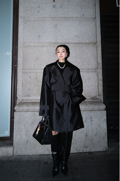 MEI SANGUAN Black double-breasted belted trench coat - BRIAN