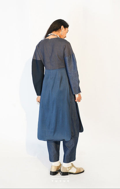 TUYUE Denim Blue Silk Cotton Crew Neck Dress- VERITY.