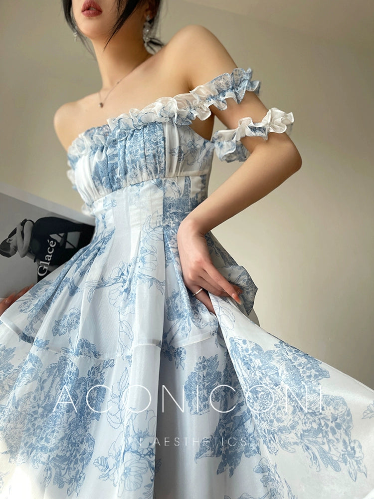 Aconiconi Luxury Light Blue Crew Neck High Waist A-line Short Dress- Haiyu S / Blue
