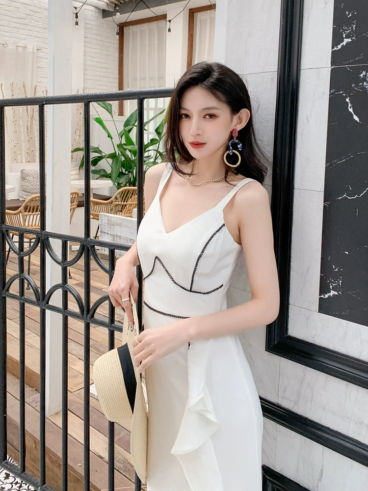 DOLLY Elegant White/Black V-Neck Sleeveless High Waist Long Ruffle Dinner Dress-MIA