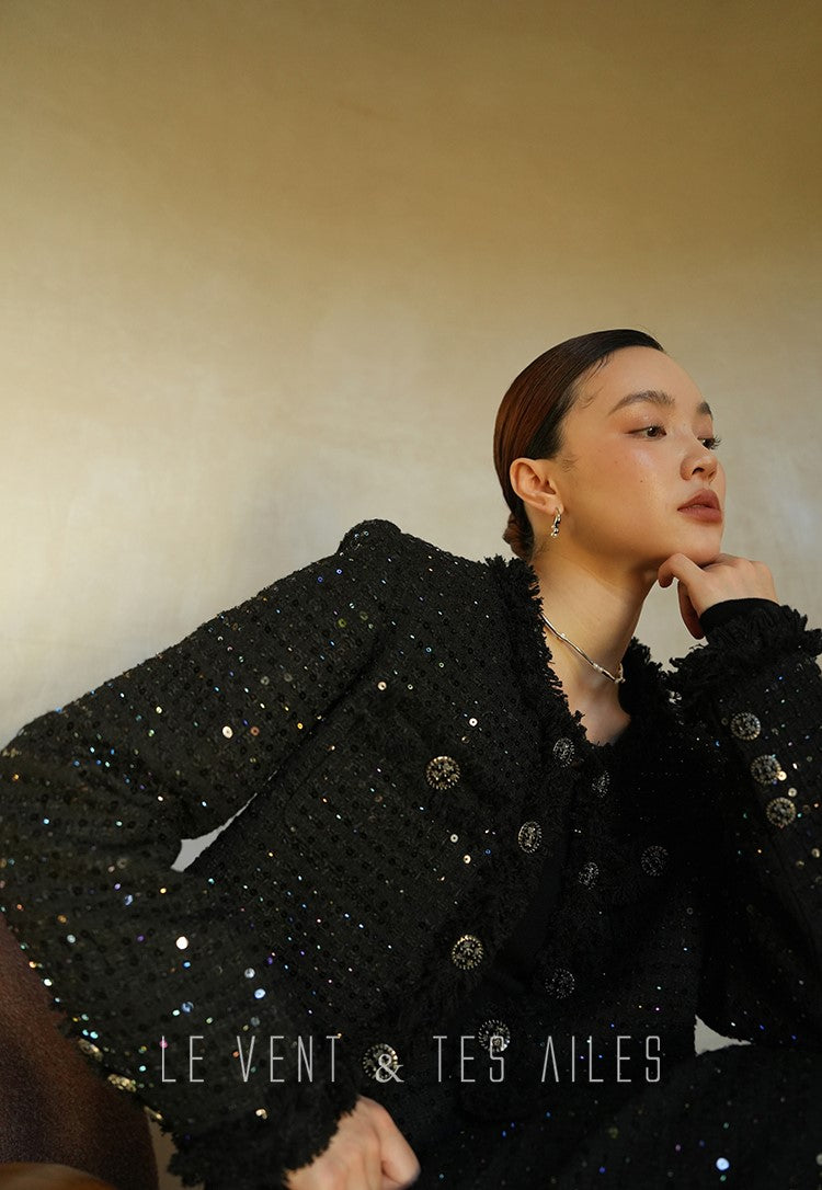 LE VENT&TES AILES High-end Luxury Heavy Work sequin Tweed Jacket Skirt Suit-FINN