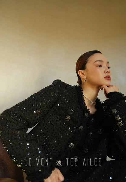 LE VENT&TES AILES High-end Luxury Heavy Work sequin Tweed Jacket Skirt Suit-FINN
