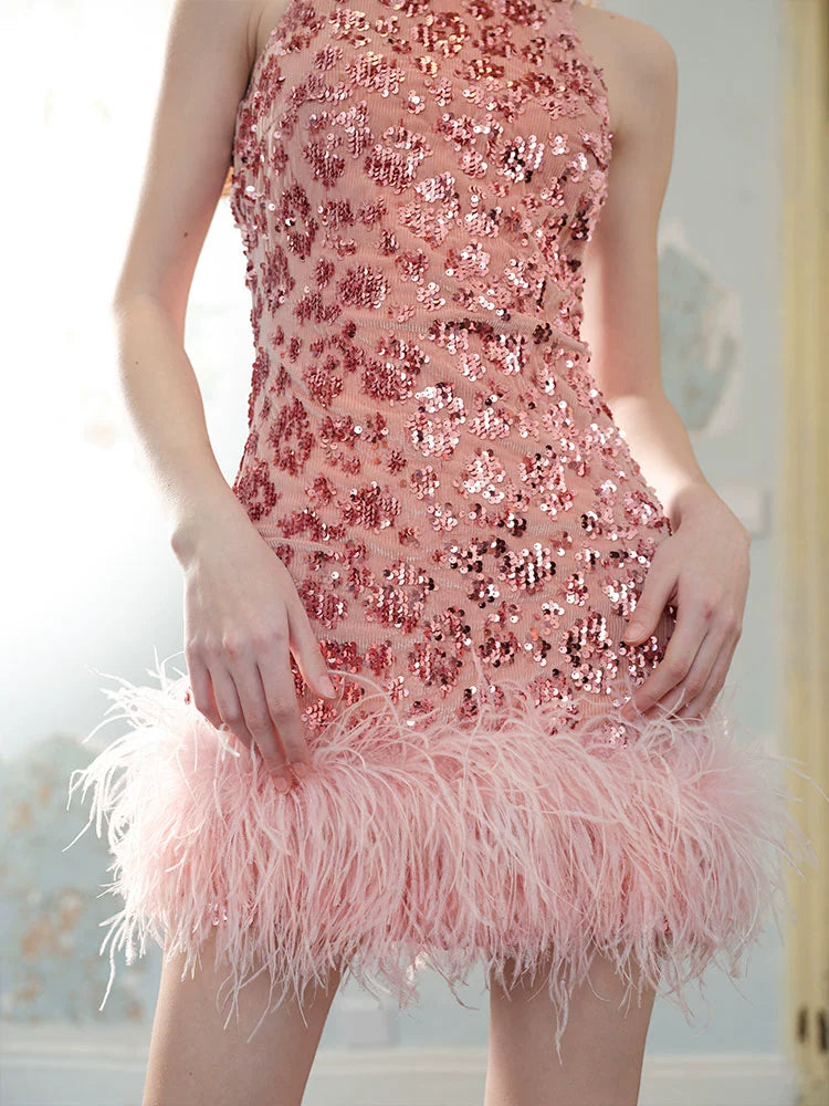 Wardrobes by Chen Dark Rose Pink Floral Sequin Feather Short cocktail Dress-Luciana