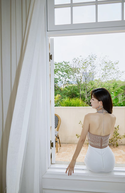 DOLLY High End V-Neck Sleeveless Halter Neck Pearl Body Hug Long Party Dress-CHARMAINE