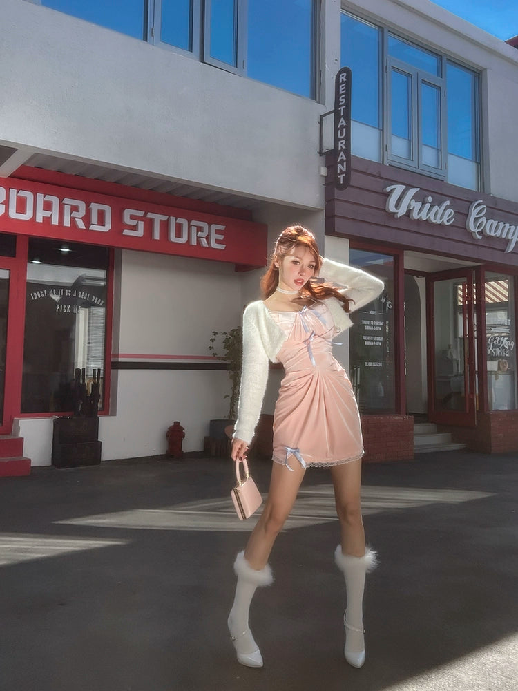 Le Palais Vintage Original Autumn  Pink Velvet Strapless Midi Cocktail Dress-Vera