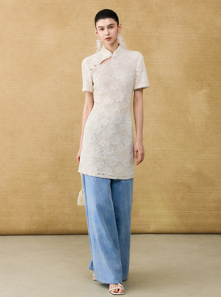 HECO Chinese style short-sleeved embossed flower summer cut-out short dress- TEMIRO.