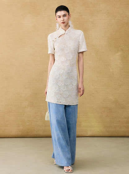 HECO Chinese style short-sleeved embossed flower summer cut-out short dress- TEMIRO.