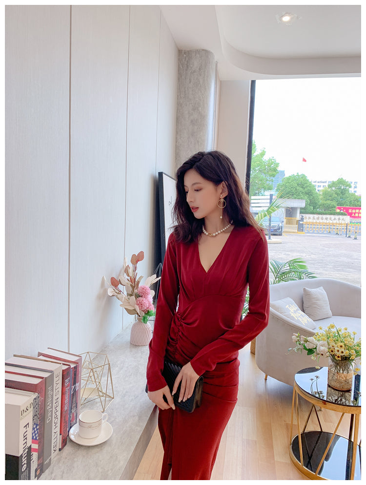 DOLLY Retro Style V-Neck Long Sleeve Pleated Waist Long Slit Dinner Dress-NEYO