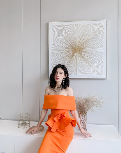 DOLLY High End Off Shoulder Peplum Tube Top Slim Fit Wedding Guest Dress-HANS