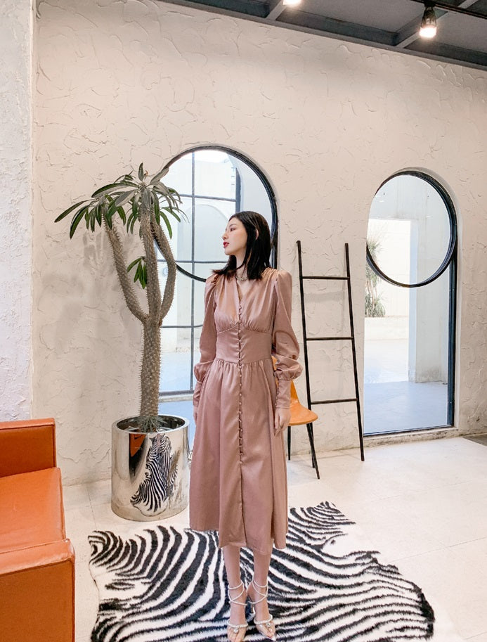 DOLLY Elegant V-Neck Long Lantern Sleeve Long Button Church Dress-NANA