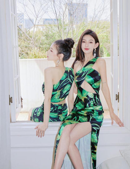 DOLLY Elegant Green Plant Print Sleeveless Slim Fit Long Slit Resort Dress-JOSEPHINA