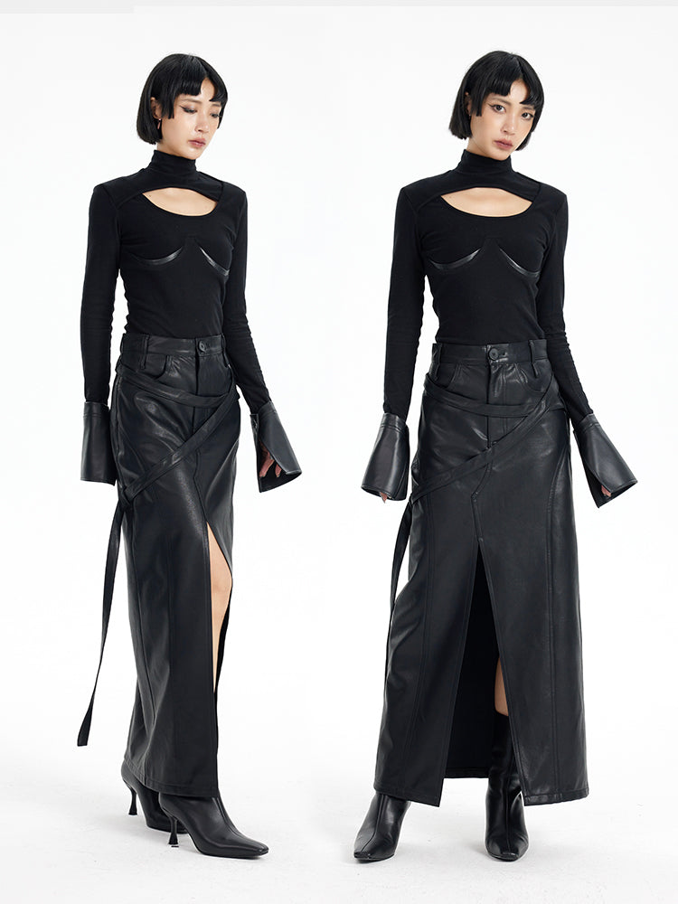 TINY IN black irregular tie women's high waist slit pu leather long skirt -CAM