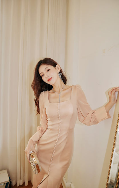 DOLLY Elegant French Style Square Collar Long Puff Sleeve Satin Mini Dinner Dress-PERACH
