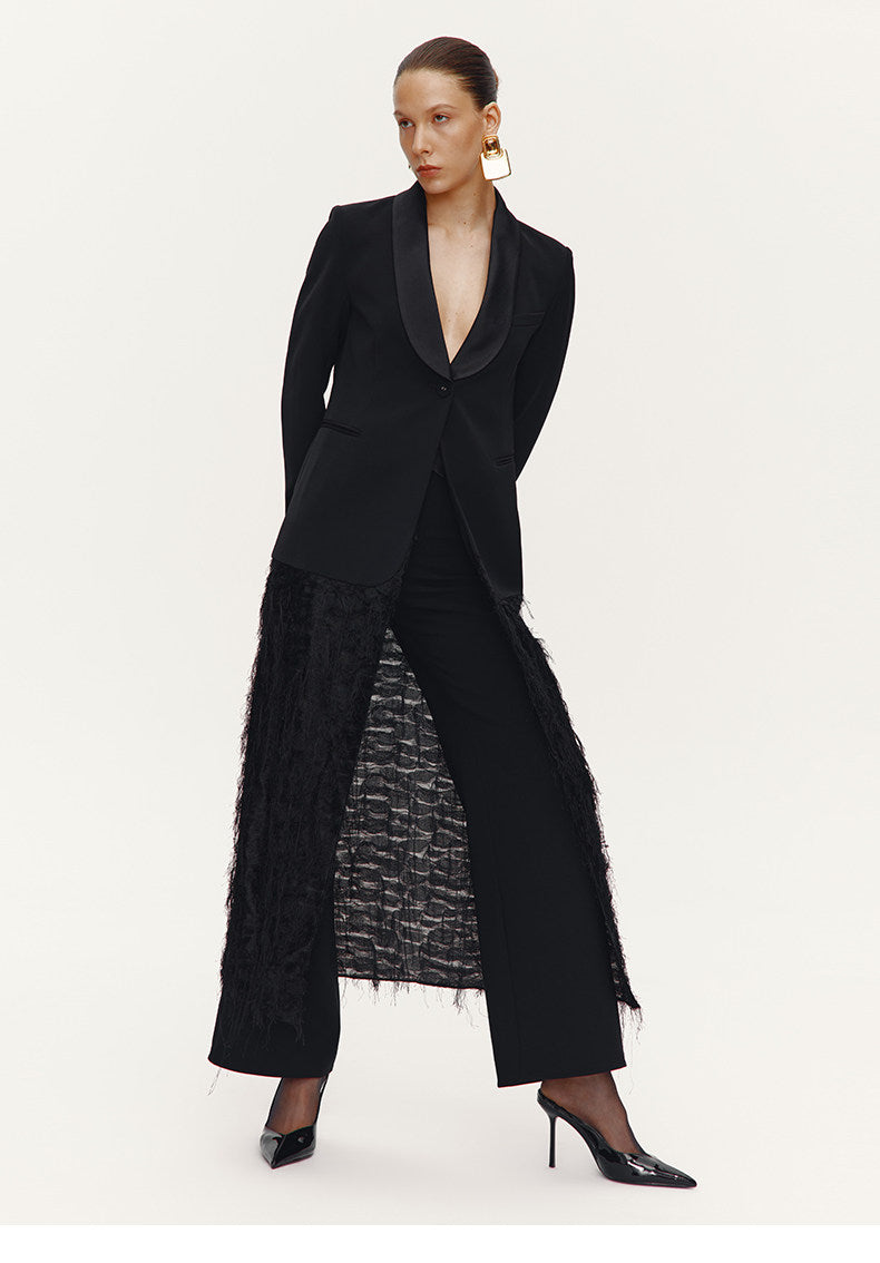 ATELIER MISS LU Slim Fringe Spliced Texture Long Dress Jacket - AMOT