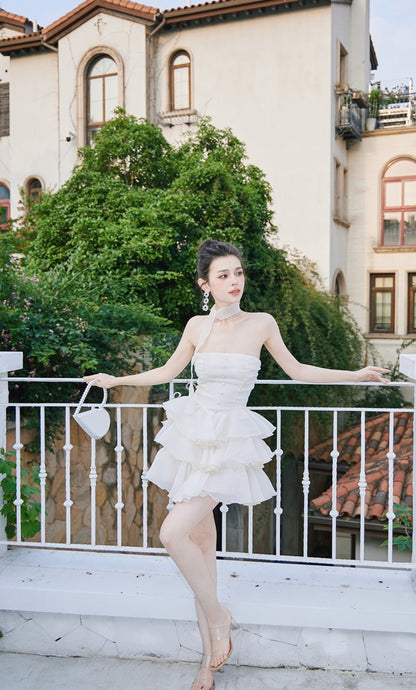 DOLLY Elegant Cream Colored Tube Top Fluffy Ruffle Birthday Dress-ANDORA (V)