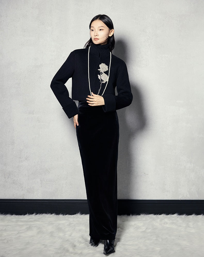 HECO 100% wool Embroidery Red black Short Double-Sided Tweed Jacket Women - out.