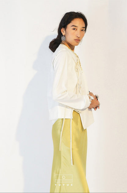 TUYUE White Lace-up Asymmetrical Slanted Placket Shoulder Vest - KATIE.