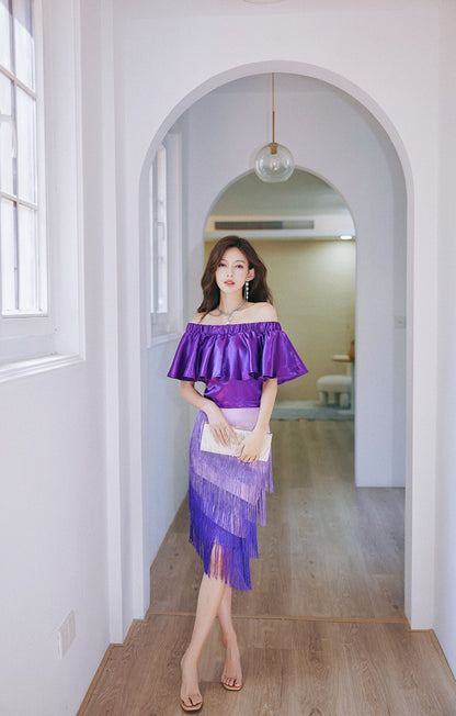DOLLY Elegant Purple Satin Ruffle Of Shoulder Top+ Gradient Tassel Skirt-ZAYN