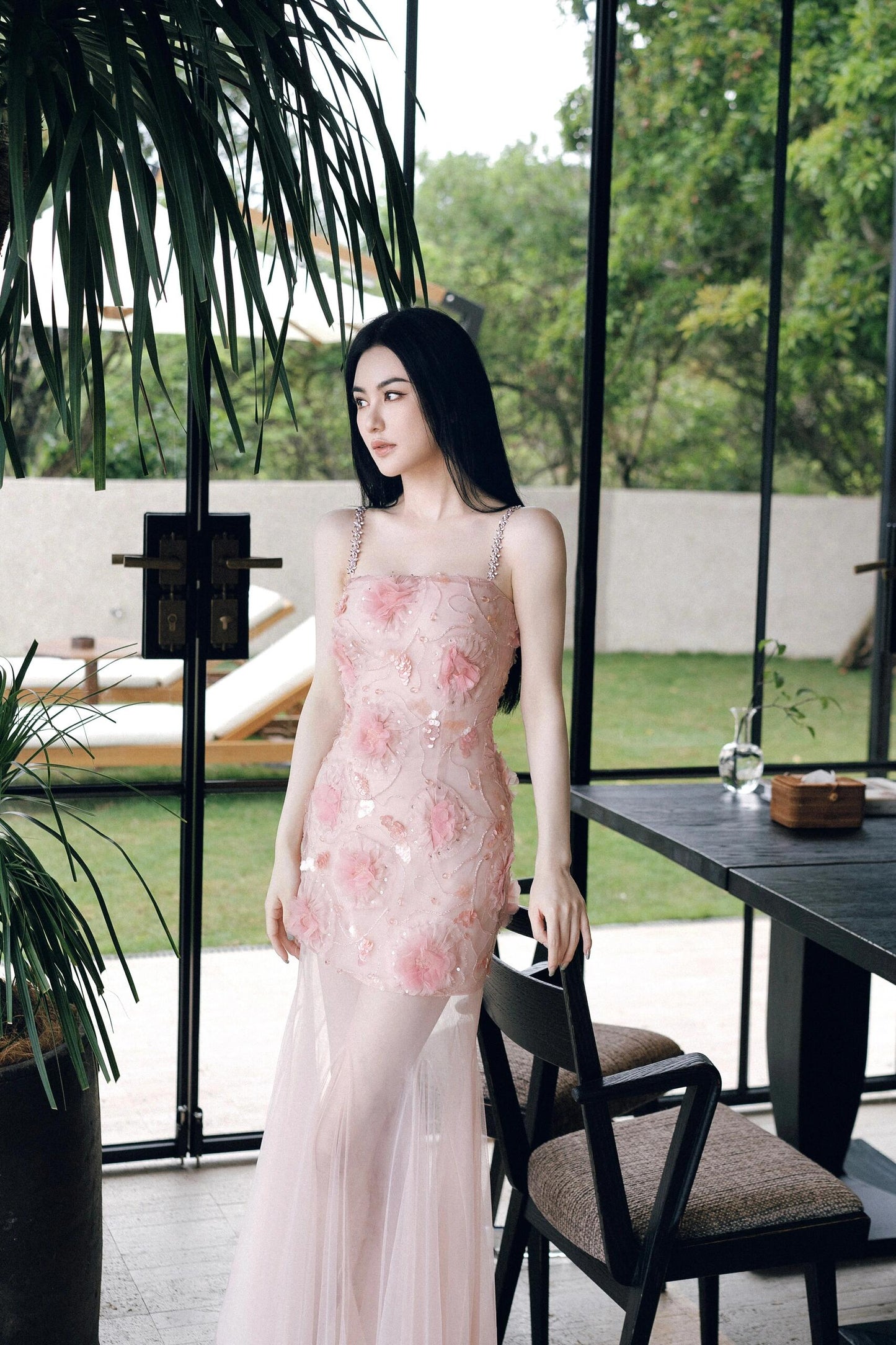 Wardrobes by Chen High End Pink Sleeveless Flower applique Sequin Dress-Bena