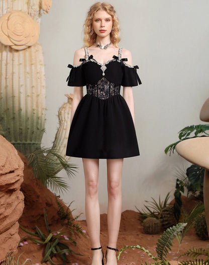 CHECOCRE summer new heavy design sense diamond chain bow dress - JOEL.