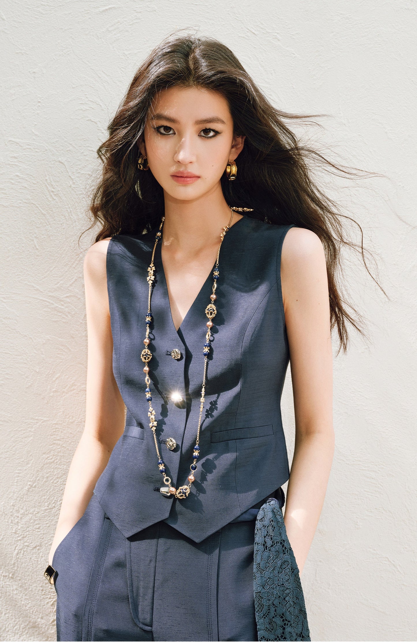 WANGXO |V-Neck Vest & Belted Straight Pants Intellectual Suit Set -NÉRA