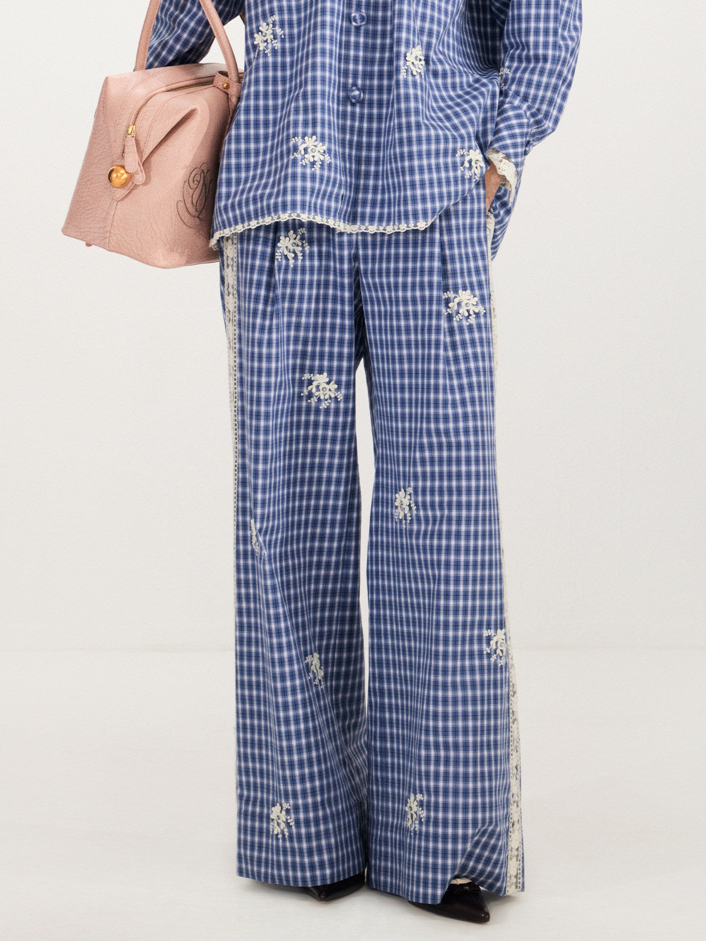 FAME plaid beaded cut-out patchwork trousers straight slacks - TREVOR